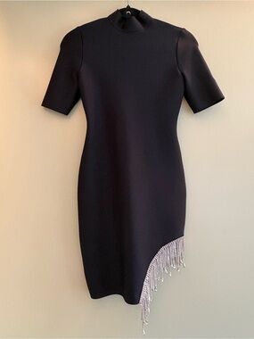 Black Short-Sleeve Mini Dress with Crystal Fringe Accent